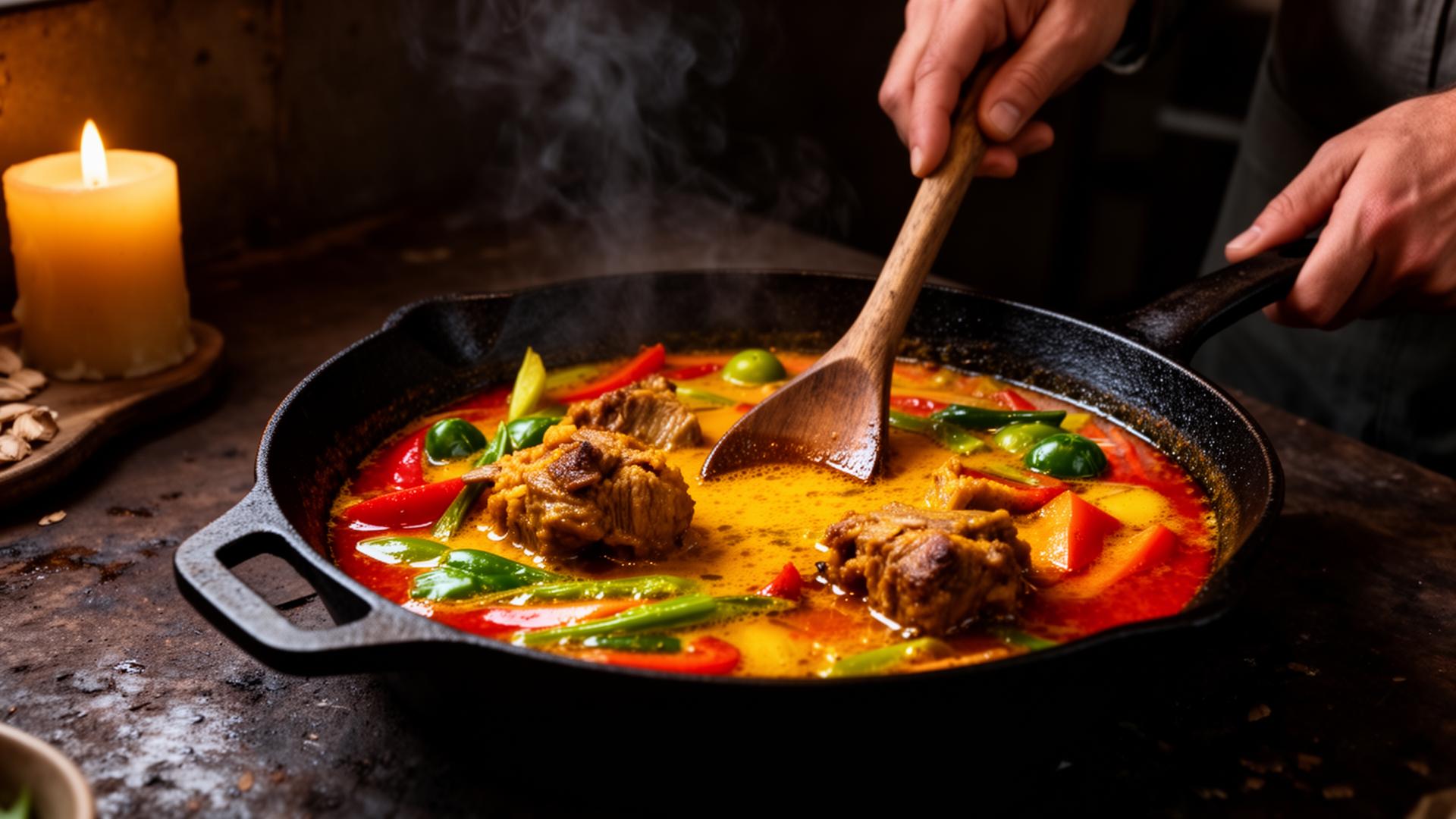 Palm oil stew being cooked in a cast iron pan