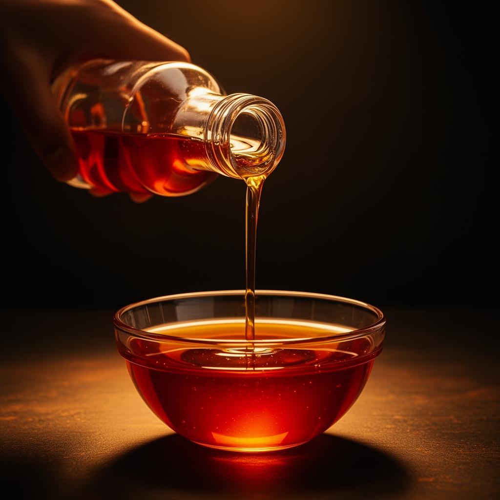 Pure palm oil pouring from a glass bottle